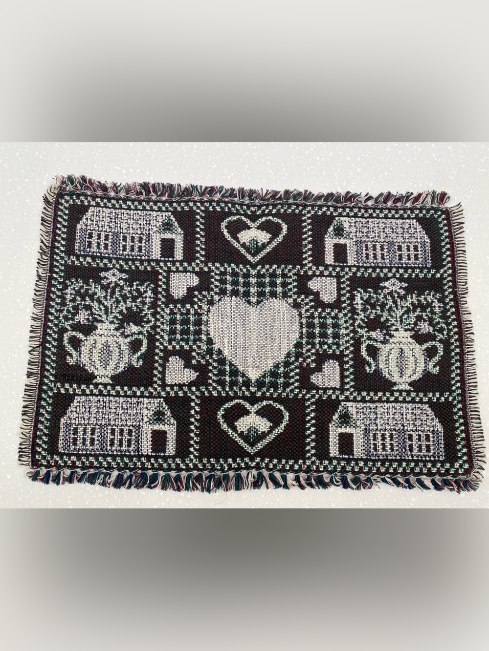 Vintage Heart & Cottage Pattern woven fabric placemat with a folk art design